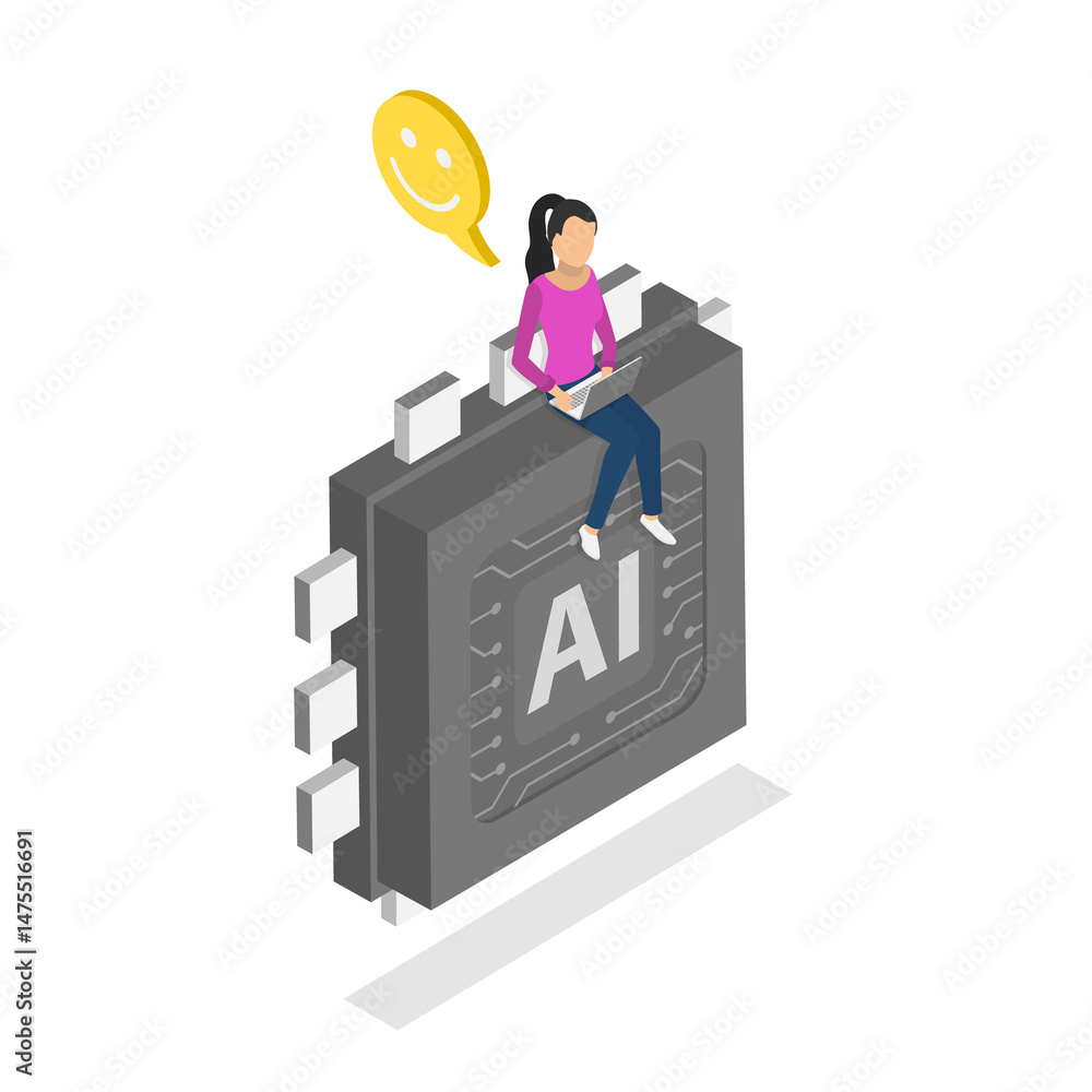 Poster 3d isometric flat illustration of collaboration with ai, utilizing ai technology for enhanced work p