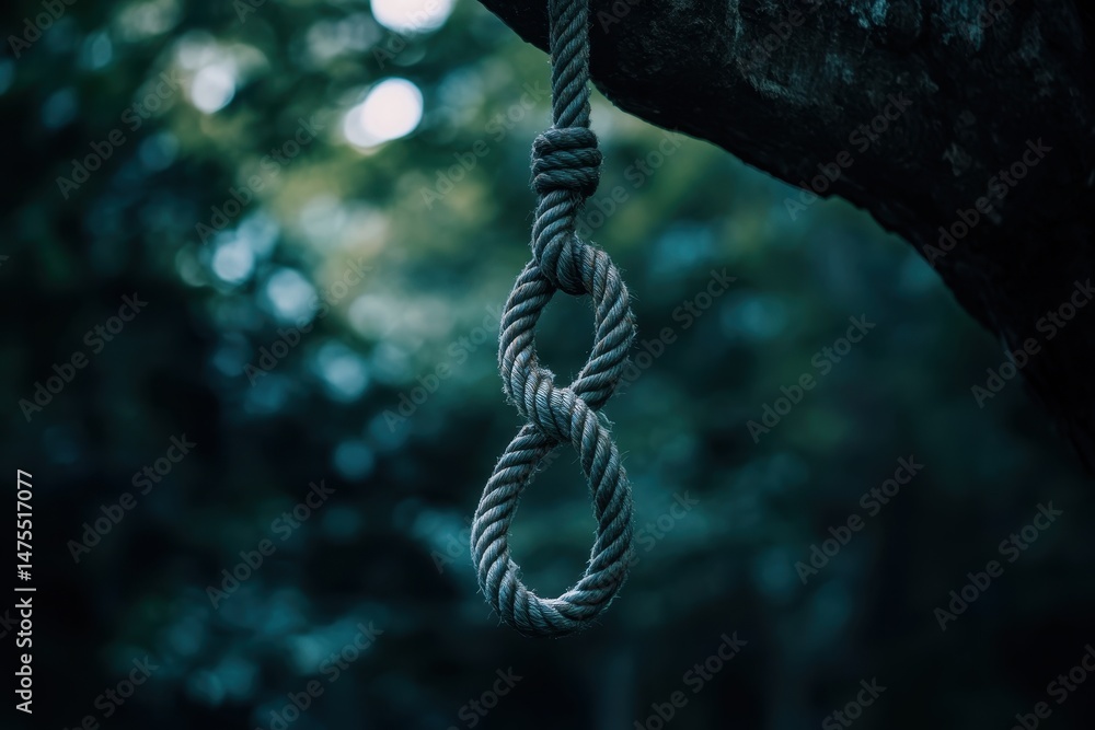 Poster closeup view of a rope with a noose knot hanging in a natural setting surrounded by greenery, a clos