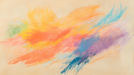 Photograph of colorful crayon strokes create an abstract, textured composition on a beige background.