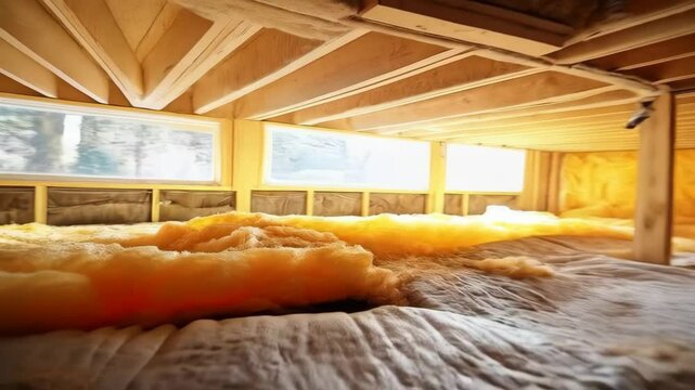 Shallow crawl space with insulation and moisture barrier under raised foundation, floor joists, wooden support beams, and bright window light.