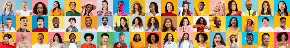 Poster a lively collection of faces representing various backgrounds, all expressing happiness. the colorfu