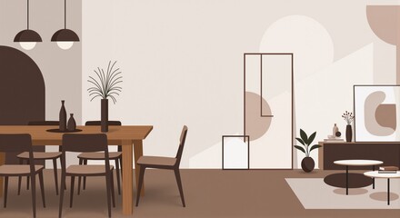 Fototapeta premium Stylish modern interior design featuring a wooden dining table, minimalist decor, and earthy tones