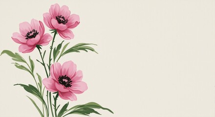Fototapeta premium Elegant pink flowers with lush green leaves on a soft cream background, perfect for floral designs and decor