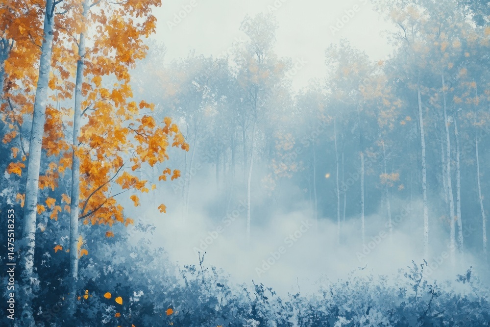 Poster Enchanting autumn forest shrouded in mist creating a mystical atmosphere, Beautiful mystical forest in fog in autumn
