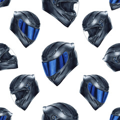 Motorcyclist helmet with blue visor seamless pattern. Biker crash helmet, Moto gear moto accessory. Watercolor illustration isolated from background for motorcycle store, web design, packaging © Yulia Kapura