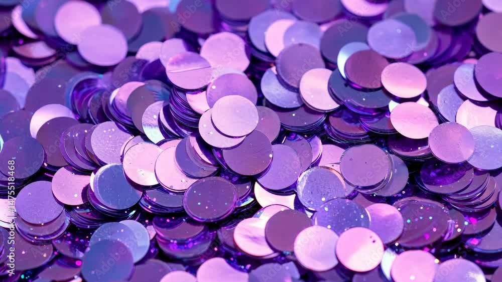 Poster a bunch of purple glittery beads are scattered on a surface. the beads are of various sizes and are 