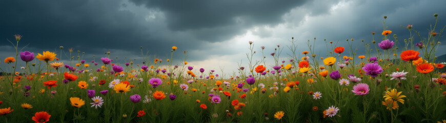 Naklejka premium A field of flowers against a stormy sky.