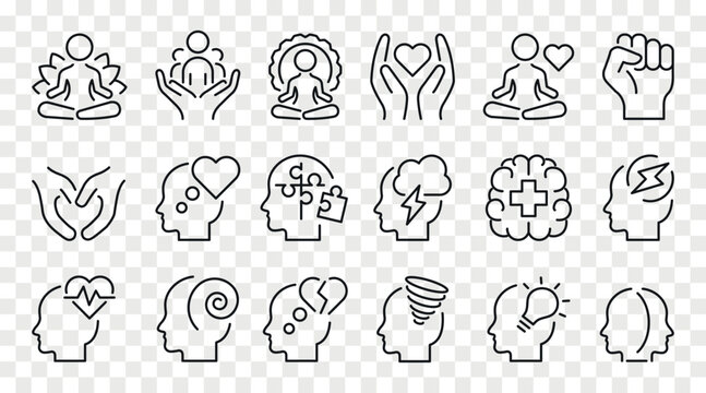 Mental health icon set. Set of meditation, anger, anxiety, psychosis, depression