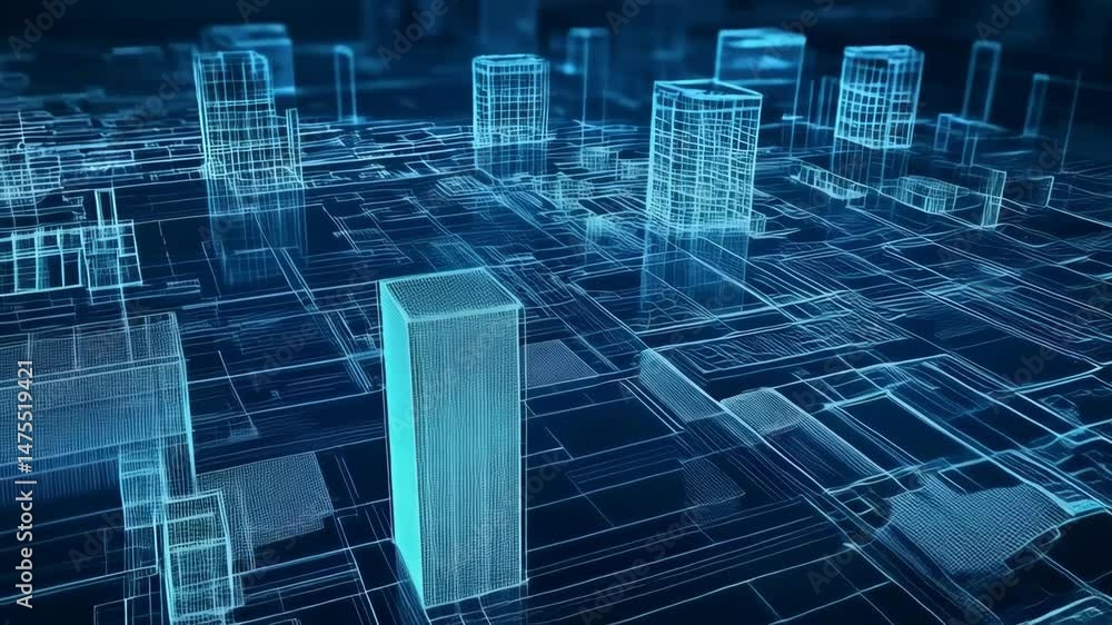 Poster futuristic grid city animation of wireframe buildings with lines in a digital, simulated landscape w