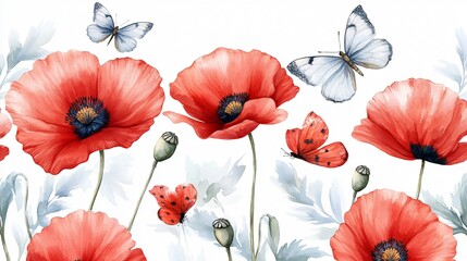 Vibrant Poppy and Butterflies Seamless Floral Pattern for Design Projects