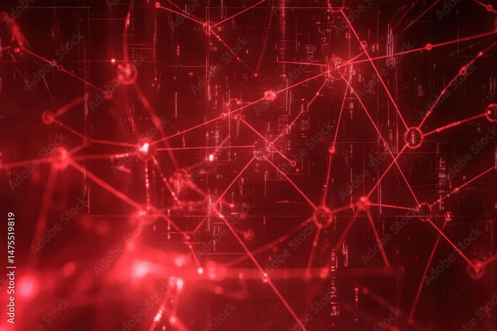 Poster network of connections illustrated with red data points demonstrating complex information flow, netw