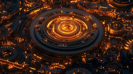 Abstract glowing orange mechanical gears complex system design 3d art dark cogs punk metal light