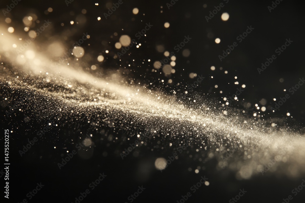 Poster Organic particles flow across a dark background, creating shimmering trails of light and movement, Organic particles with trails flow across the frame