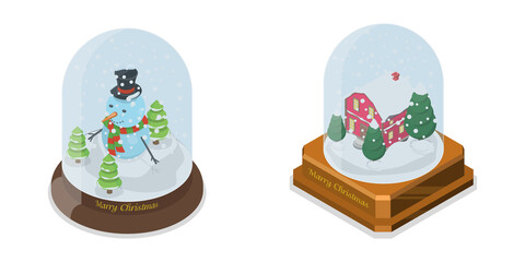 3D Isometric Flat  Set of Christmas Globes, Winter Glass Ball