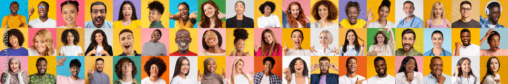 Poster a lively collection of multiracial individuals with various hairstyles and expressions against brigh