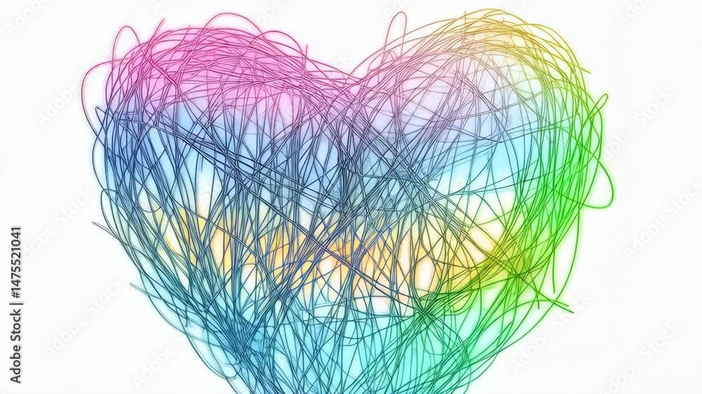 Poster abstract heart shape formed from intertwining colorful lines on a white background. love and affecti