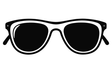 Black silhouette of wayfarer style sunglasses with a white frame rests on a white backdrop