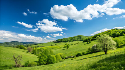 Obraz premium Beautiful Green Countryside Landscape with Hills, Trees, and Blue Sky