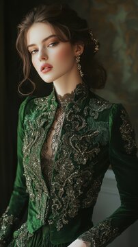 Elegant woman in green ornate outfit