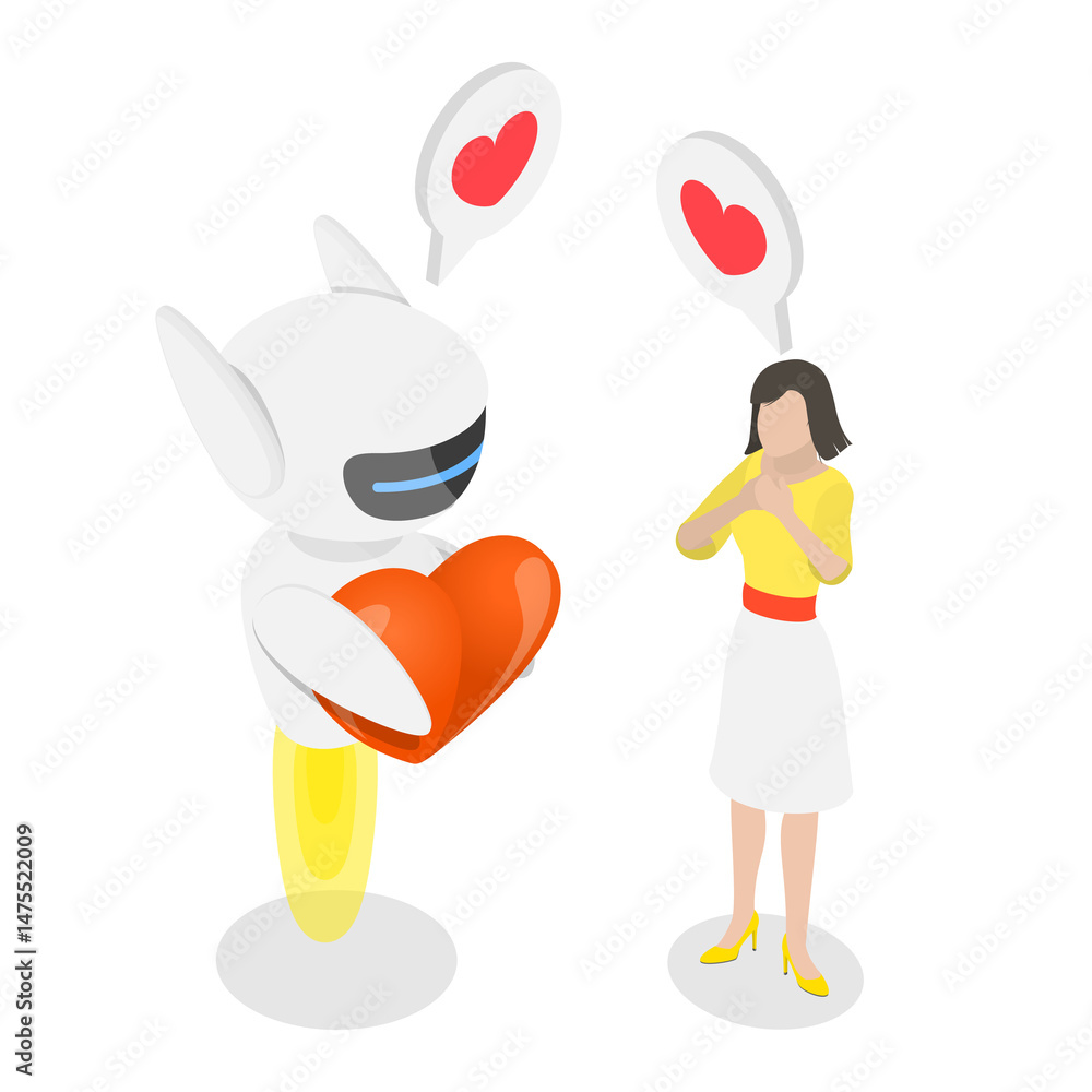 Poster 3d isometric flat illustration of chatbot or ai bot assistant, machine learning technology
