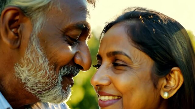 loving elderly indian couple smiling and gazing tenderly at each other, profoundly connected by decades of love. happy marriage, long relationship, cheerful family. st. valentine's day