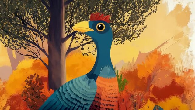 Colorful cartoon bird in fall landscape with falling leaves, autumn trees, mountains and grass, illustration style, vibrant colors