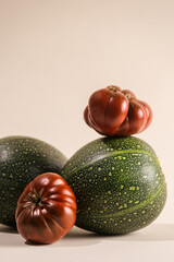Fresh organic vegetables arranged in a still life setting for healthy eating