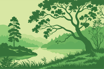 11 a lush, verdant forest with a serene, mirror-like lake, vibrant green foliage reflecting on the calm waters, a solitary tree with twisting branches dipping into the tranquil surface, a dreamlike, h