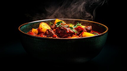 Delicious beef stew recipe with potatoes and herbs in a rustic bowl hot eat food meal home meat life