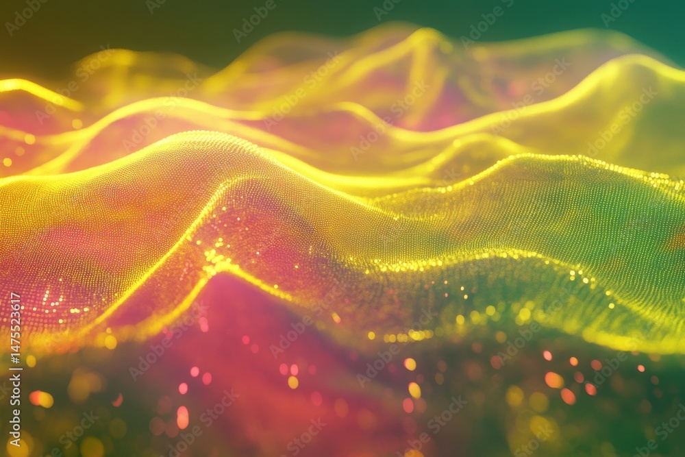 Poster glowing yellow mesh moves dynamically over vibrant green and pink waves, glowing yellow mesh moving 
