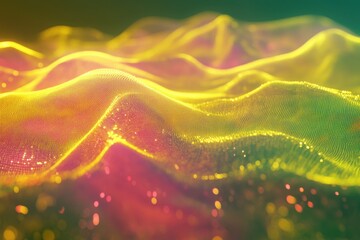 Glowing yellow mesh moves dynamically over vibrant green and pink waves, glowing yellow mesh moving over waving green and pink background