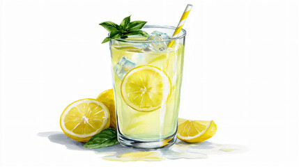 Fototapeta premium Refreshing Summer Lemonade Drink Cold Recipe Chill Citrus Mint Lemon Lime Glass Ice Sweet Sour Natural Mocktail Beverage Healthy Refreshment Drink Hydration Tall Transparent Tropical Quench