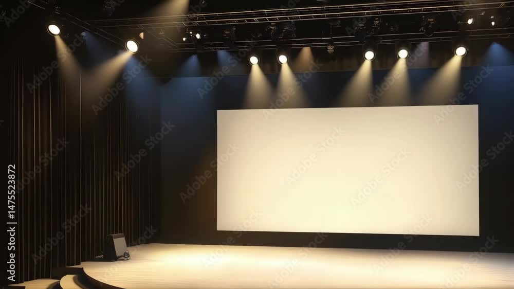 Aufkleber empty presentation stage with illuminated blank screen ready for performance with spotlights shining