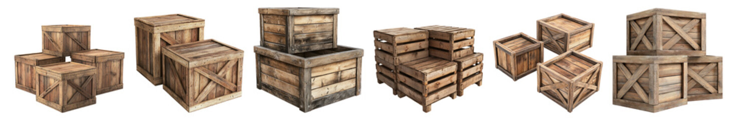 Obraz premium Various Wooden Crates and Boxes for Storage and Display Purposes Isolated Transparent Background