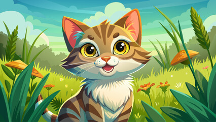Fototapeta premium portrait close up funny cat playing in green grass, pet walking on summer nature Very beautiful