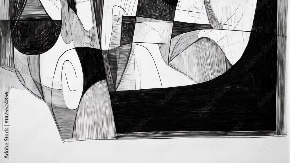 Poster monochromatic abstract composition depicting geometric and organic shapes arranged in an intriguing 