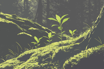 12 moss, forest floor, sunlight, seedlings, nature, greenery, soft focus, dramatic lighting, depth of field