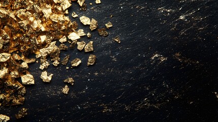 Fototapeta premium Photograph of scattered gold flakes on a dark textured background.