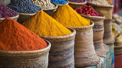 Vibrant Spice Market Stall with Shoppers Exploring Exotic Flavors