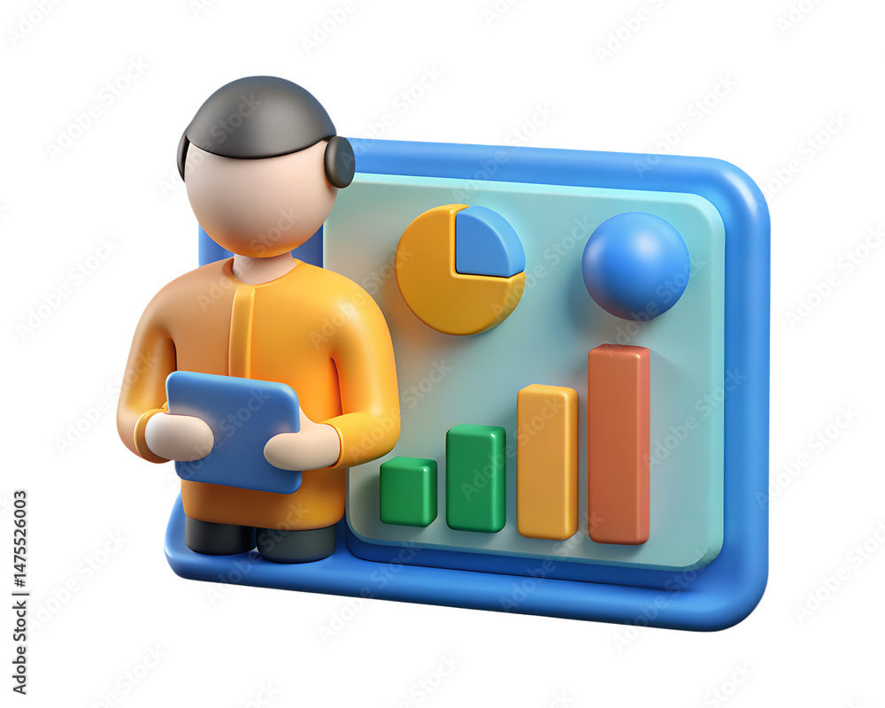 Poster 3d rendering icon business analyst character stands before a digital dashboard with bar graphs and c