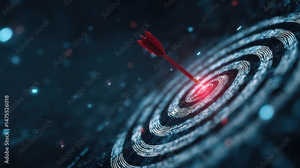 Poster a stunning image of arrow hitting target in the digital realm using data and cyber technologies, hig