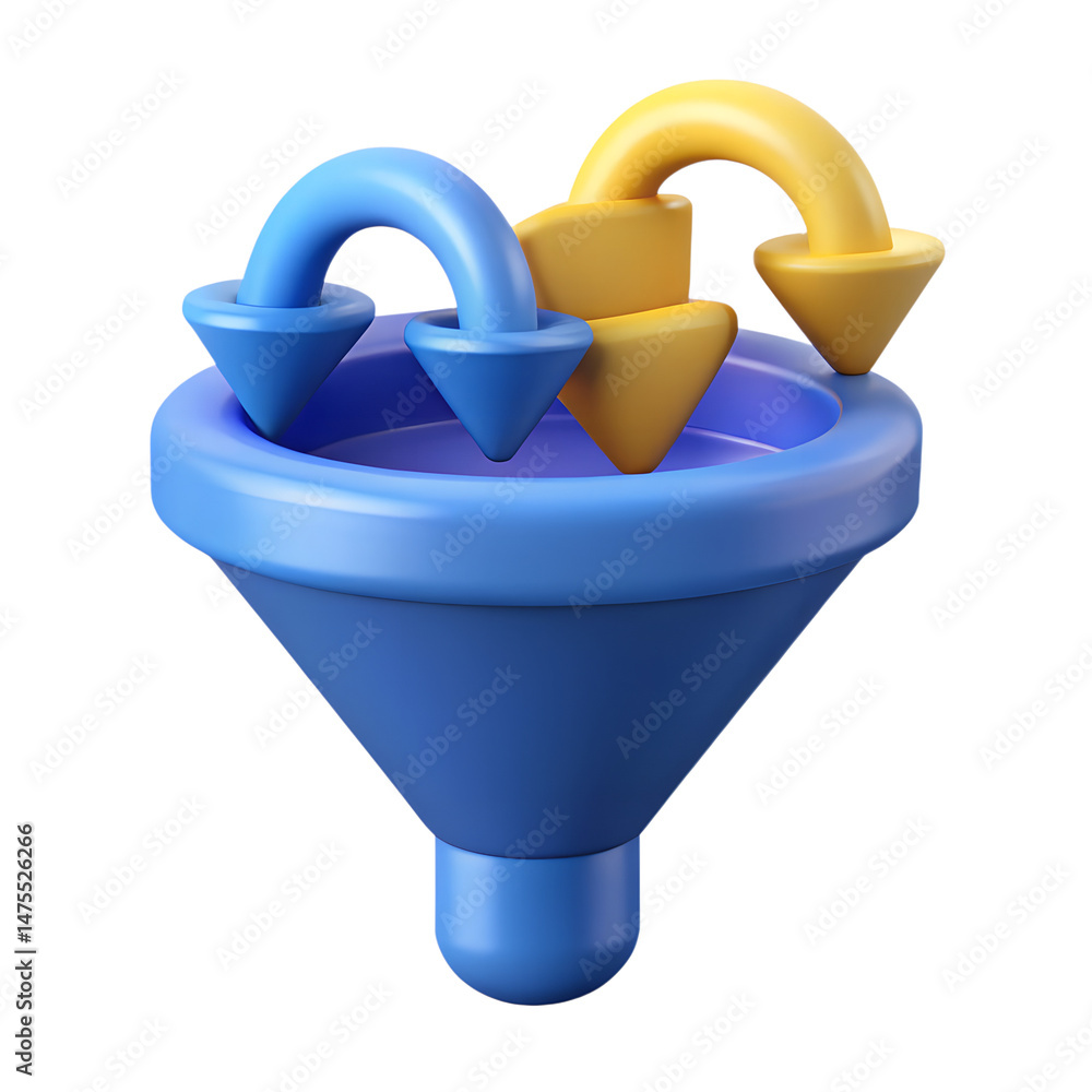 Poster 3d rendering icon illustrating data conversion process with arrows going in and out of a funnel in t