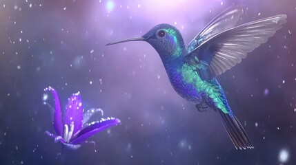 Obraz premium Hummingbird Hovering Near Flower with Soft Bokeh Background