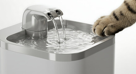 Close-up of a curious tabby cat's paw gently touching the fresh, flowing water in a modern automatic pet drinking fountain