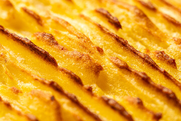 A background with the texture of mashed potatoes baked until golden brown in the oven. Close-up, macro photography. Use for menu and banner.