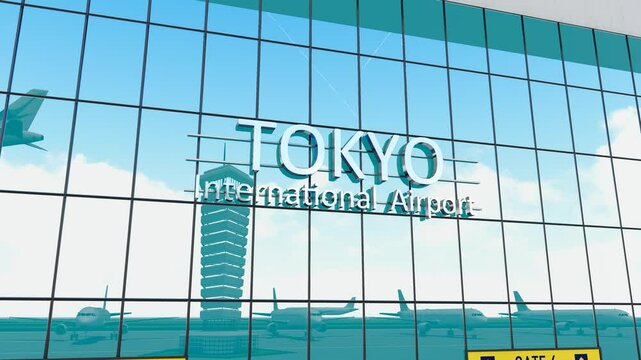 Tokyo international airport. Plane landing at Tokyo. Arrival in the city with the glass airport terminal and reflection of the jet aircraft. Travel, business, tourism and transport. 3d animation	