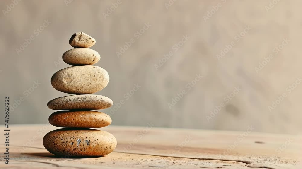 Poster a stack of rocks on a table. the rocks are of different sizes and are arranged in a pyramid shape. c