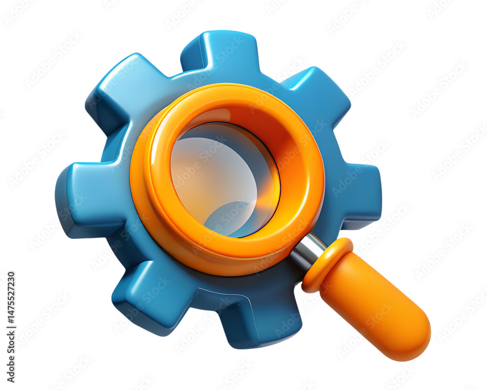 Poster 3d rendering of a gear with an orange magnifying glass representing the concept of settings and sear