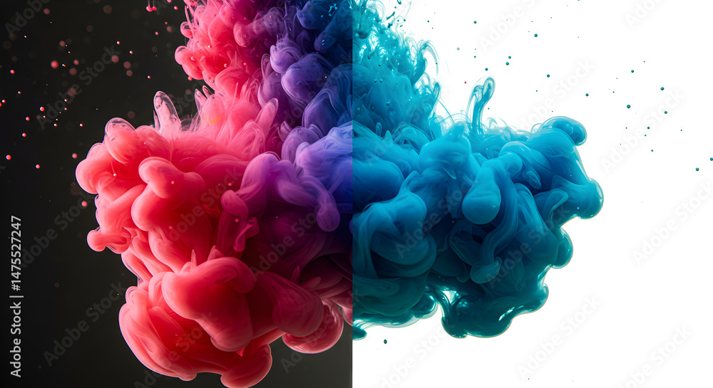 Poster dual tone swirls creating visually striking ink cloud on split background