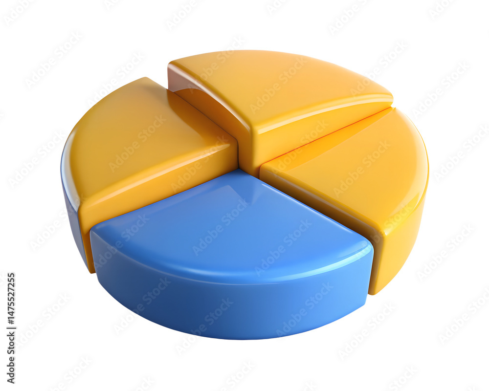 Poster 3d rendering of a stylized pie chart with blue and yellow segments representing data analysis and bu
